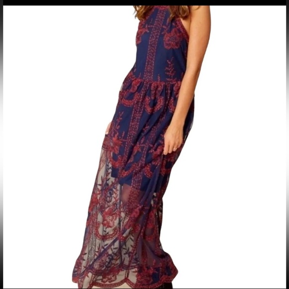 Altar’d State Onawei Embroidered Maxi Dress Plum Halter Blue Red. Great shape - Picture 2 of 8